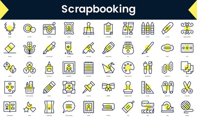 Set of thin line scrapbooking Icons. Line art icon with Yellow shadow. Vector illustration