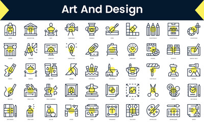Set of thin line art and design Icons. Line art icon with Yellow shadow. Vector illustration