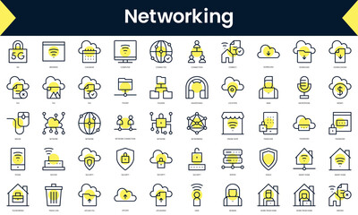 Set of thin line networking Icons. Line art icon with Yellow shadow. Vector illustration