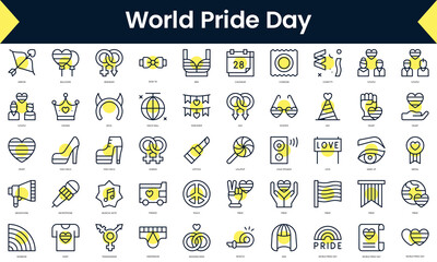 Set of thin line world pride day Icons. Line art icon with Yellow shadow. Vector illustration