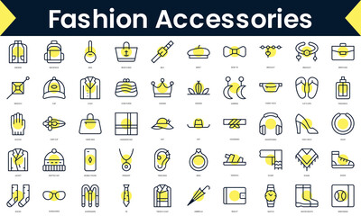 Set of thin line fashion accessories Icons. Line art icon with Yellow shadow. Vector illustration