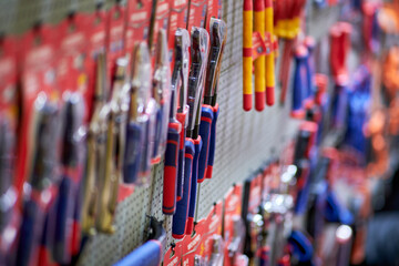 A set of hand tools on the store shelf, professional equipment close-up