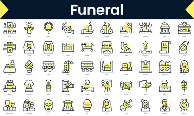 Set of thin line funeral Icons. Line art icon with Yellow shadow. Vector illustration