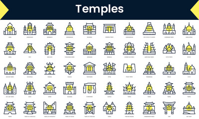 Fototapeta na wymiar Set of thin line temples Icons. Line art icon with Yellow shadow. Vector illustration