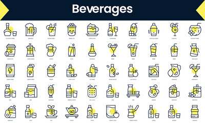 Set of thin line beverages Icons. Line art icon with Yellow shadow. Vector illustration