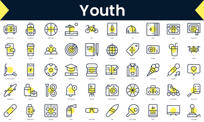 Set of thin line youth Icons. Line art icon with Yellow shadow. Vector illustration