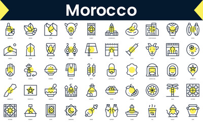 Set of thin line morocco Icons. Line art icon with Yellow shadow. Vector illustration