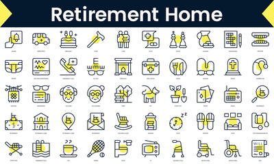 Set of thin line retirement home Icons. Line art icon with Yellow shadow. Vector illustration