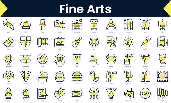 Set of thin line fine arts Icons. Line art icon with Yellow shadow. Vector illustration