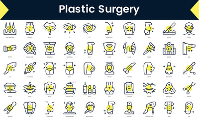 Set of thin line plastic surgery Icons. Line art icon with Yellow shadow. Vector illustration