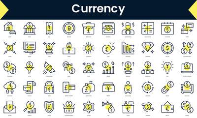 Set of thin line currency Icons. Line art icon with Yellow shadow. Vector illustration
