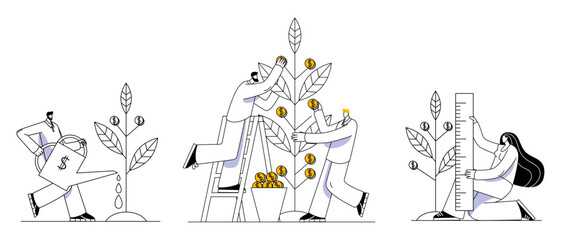 The characters grow a money tree. A set of images on the topic of investing.