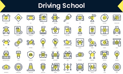 Set of thin line driving school Icons. Line art icon with Yellow shadow. Vector illustration