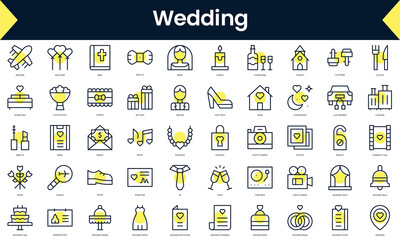 Set of thin line wedding Icons. Line art icon with Yellow shadow. Vector illustration