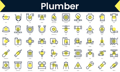 Set of thin line plumber Icons. Line art icon with Yellow shadow. Vector illustration
