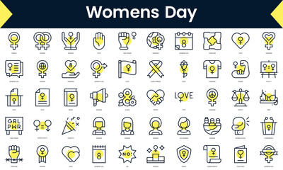 Set of thin line womens day Icons. Line art icon with Yellow shadow. Vector illustration