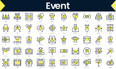 Set of thin line event Icons. Line art icon with Yellow shadow. Vector illustration
