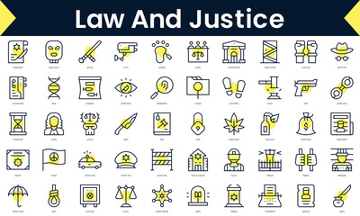 Set of thin line law and justice Icons. Line art icon with Yellow shadow. Vector illustration