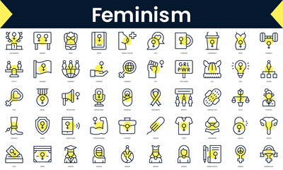 Set of thin line feminism Icons. Line art icon with Yellow shadow. Vector illustration