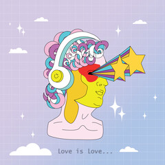 Rave sticker in psychedelic acid trippy style. Hipster head of statue in headset Weird pop 90s style. Isolated fluorescent y2k print for tee, streetwear.