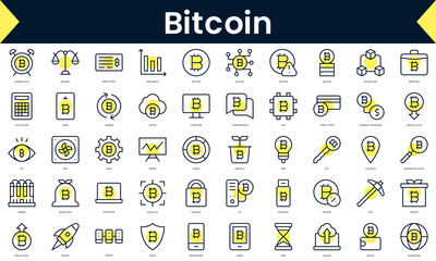 Set of thin line bitcoin Icons. Line art icon with Yellow shadow. Vector illustration