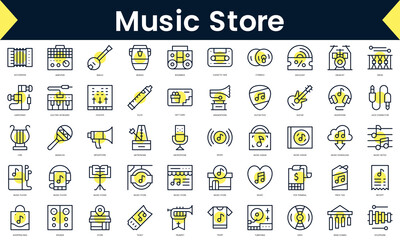 Set of thin line music store Icons. Line art icon with Yellow shadow. Vector illustration