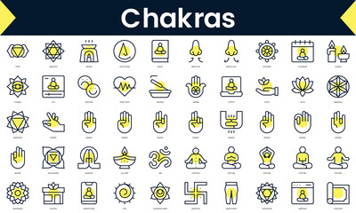 Set of thin line chakras Icons. Line art icon with Yellow shadow. Vector illustration - obrazy, fototapety, plakaty