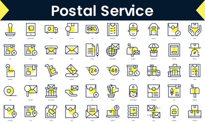 Set of thin line postal service Icons. Line art icon with Yellow shadow. Vector illustration