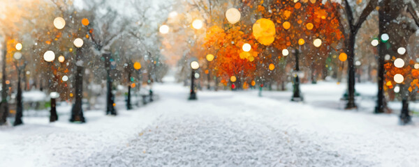 Fototapeta premium Color snowflakes on winter park background Snowfall