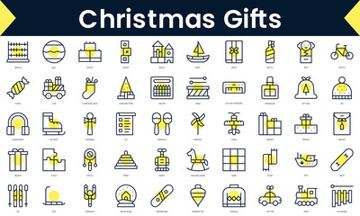 Set of thin line christmas gifts Icons. Line art icon with Yellow shadow. Vector illustration