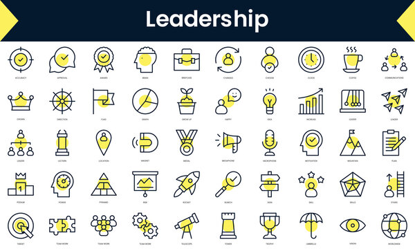 Set of thin line leadership Icons. Line art icon with Yellow shadow. Vector illustration
