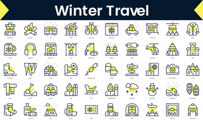 Set of thin line winter travel Icons. Line art icon with Yellow shadow. Vector illustration