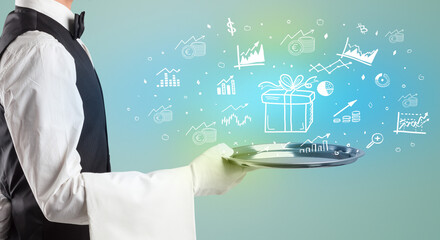 Handsome young waiter in tuxedo holding money icons on tray