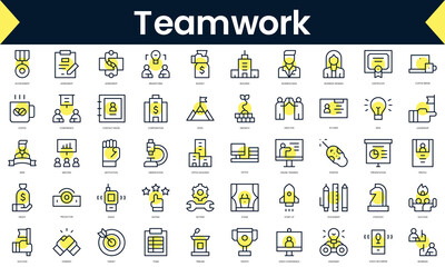 Set of thin line teamwork Icons. Line art icon with Yellow shadow. Vector illustration