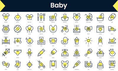 Set of thin line baby Icons. Line art icon with Yellow shadow. Vector illustration
