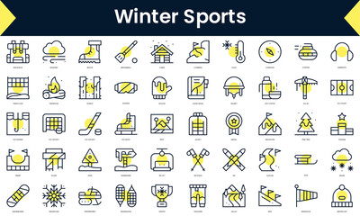 Set of thin line winter sports Icons. Line art icon with Yellow shadow. Vector illustration