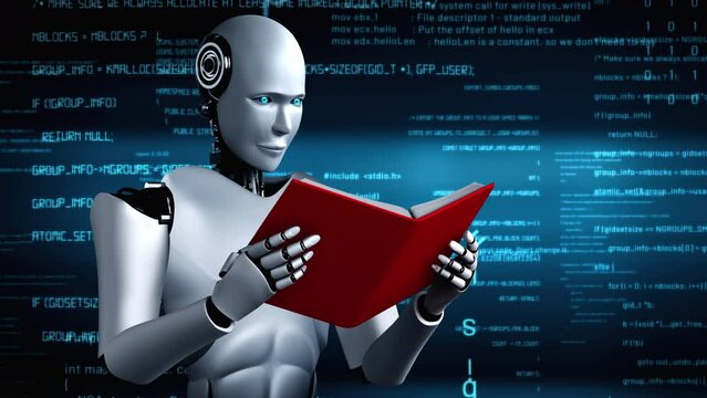Futuristic robot artificial intelligence huminoid AI programming coding technology development and machine learning concept. Robotic bionic science research for future of human life. 3D rendering.