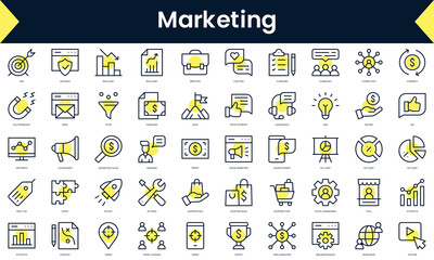 Set of thin line marketing Icons. Line art icon with Yellow shadow. Vector illustration