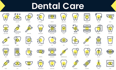 Set of thin line dental care Icons. Line art icon with Yellow shadow. Vector illustration