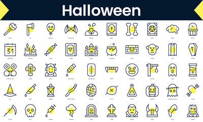 Set of thin line halloween Icons. Line art icon with Yellow shadow. Vector illustration