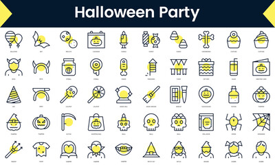 Set of thin line halloween party Icons. Line art icon with Yellow shadow. Vector illustration