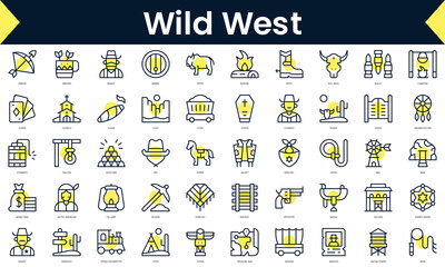Set of thin line wild west Icons. Line art icon with Yellow shadow. Vector illustration