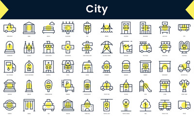 Set of thin line city Icons. Line art icon with Yellow shadow. Vector illustration