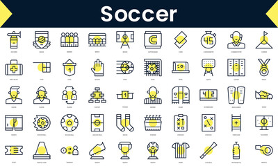 Set of thin line soccer Icons. Line art icon with Yellow shadow. Vector illustration