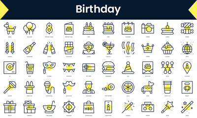 Set of thin line birthday Icons. Line art icon with Yellow shadow. Vector illustration