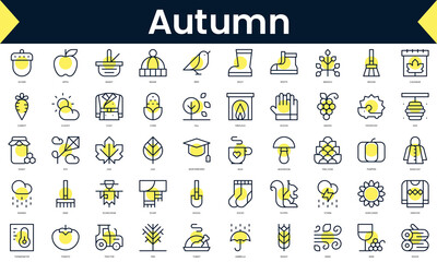 Set of thin line autumn Icons. Line art icon with Yellow shadow. Vector illustration