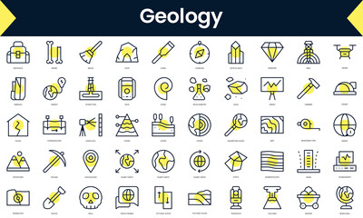 Set of thin line geology Icons. Line art icon with Yellow shadow. Vector illustration