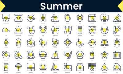 Set of thin line summer Icons. Line art icon with Yellow shadow. Vector illustration