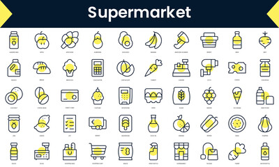 Set of thin line supermarket Icons. Line art icon with Yellow shadow. Vector illustration