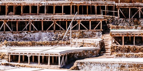 Wooden infrastructure for the terraced saltpans. Salt Valley of A&ntilde;ana. A&ntilde;ana, &Aacute;lava, Basque Country, Spain, Europe